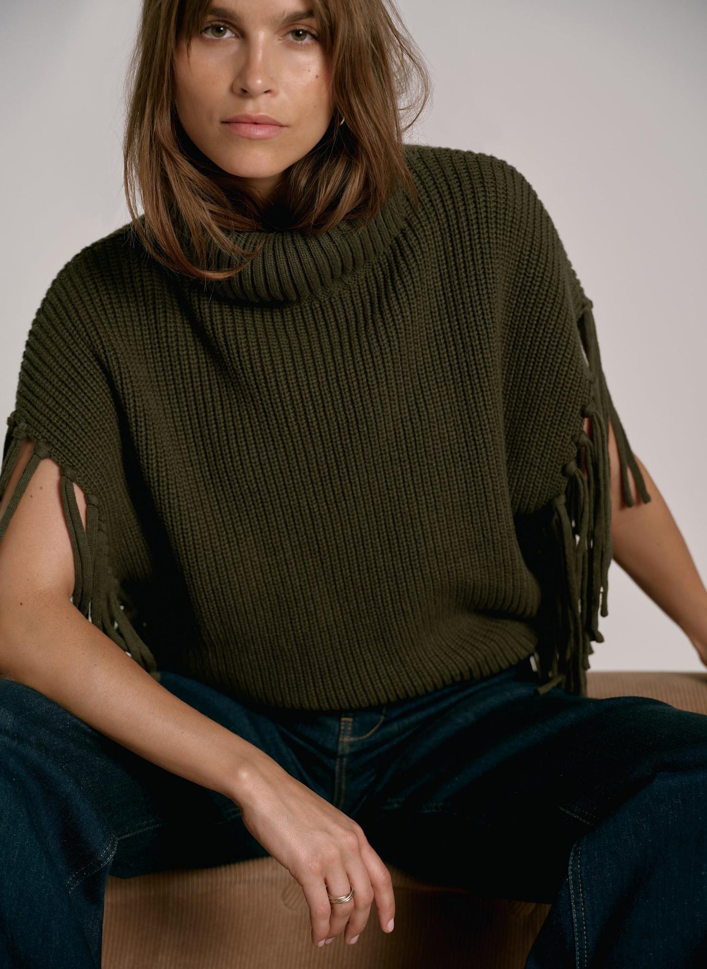 Green Fringed Knit Poncho