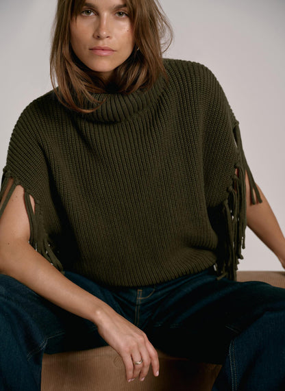 Green Fringed Knit Poncho