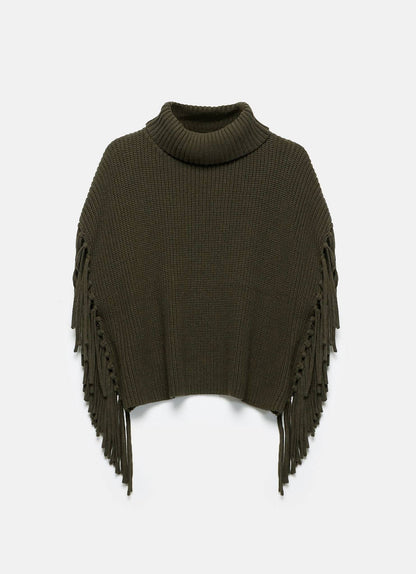 Green Fringed Knit Poncho