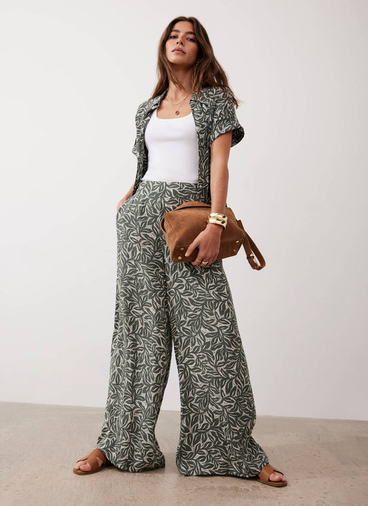 Green Leaf Print Wide Trousers