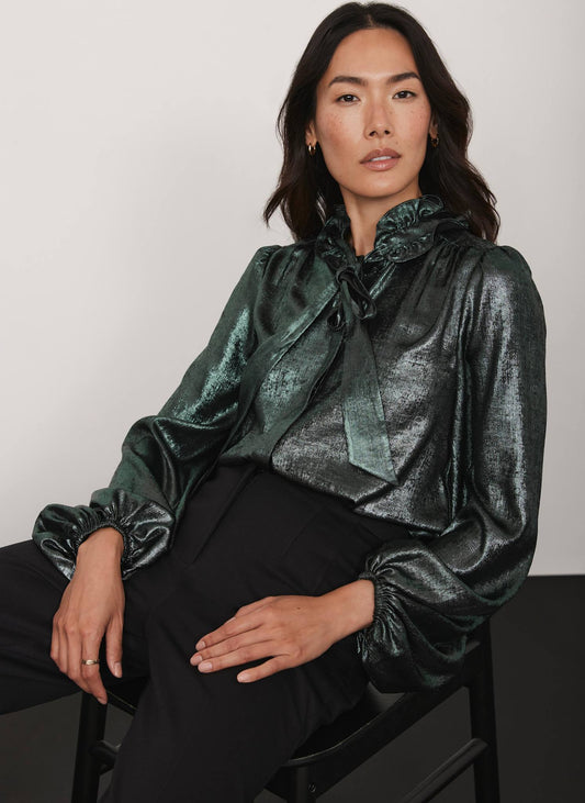 Green Metallic Pussy Bow Blouse