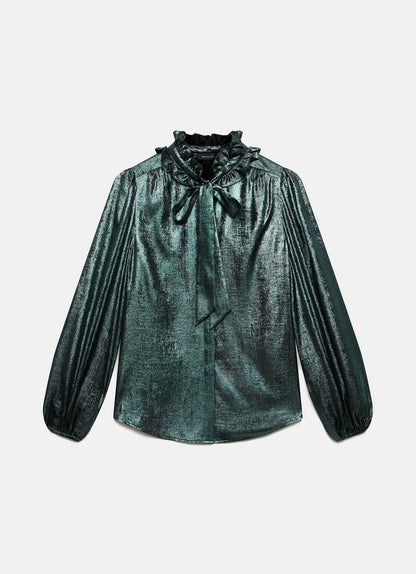 Green Metallic Pussy Bow Blouse