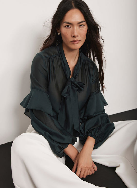 Green Pussy Bow Ruffle Blouse