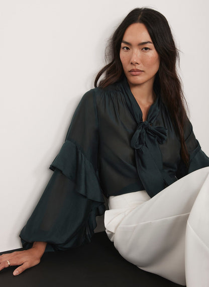 Green Pussy Bow Ruffle Blouse