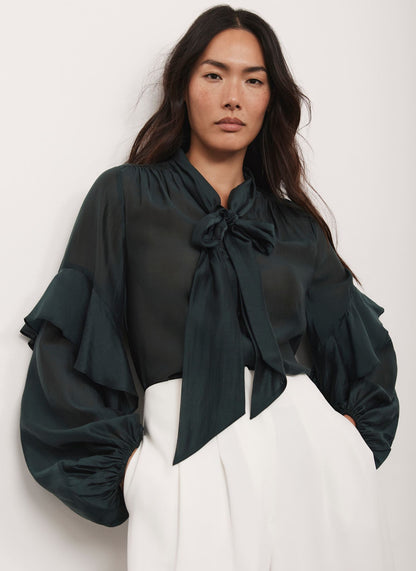 Green Pussy Bow Ruffle Blouse