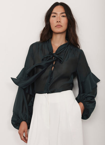 Green Pussy Bow Ruffle Blouse