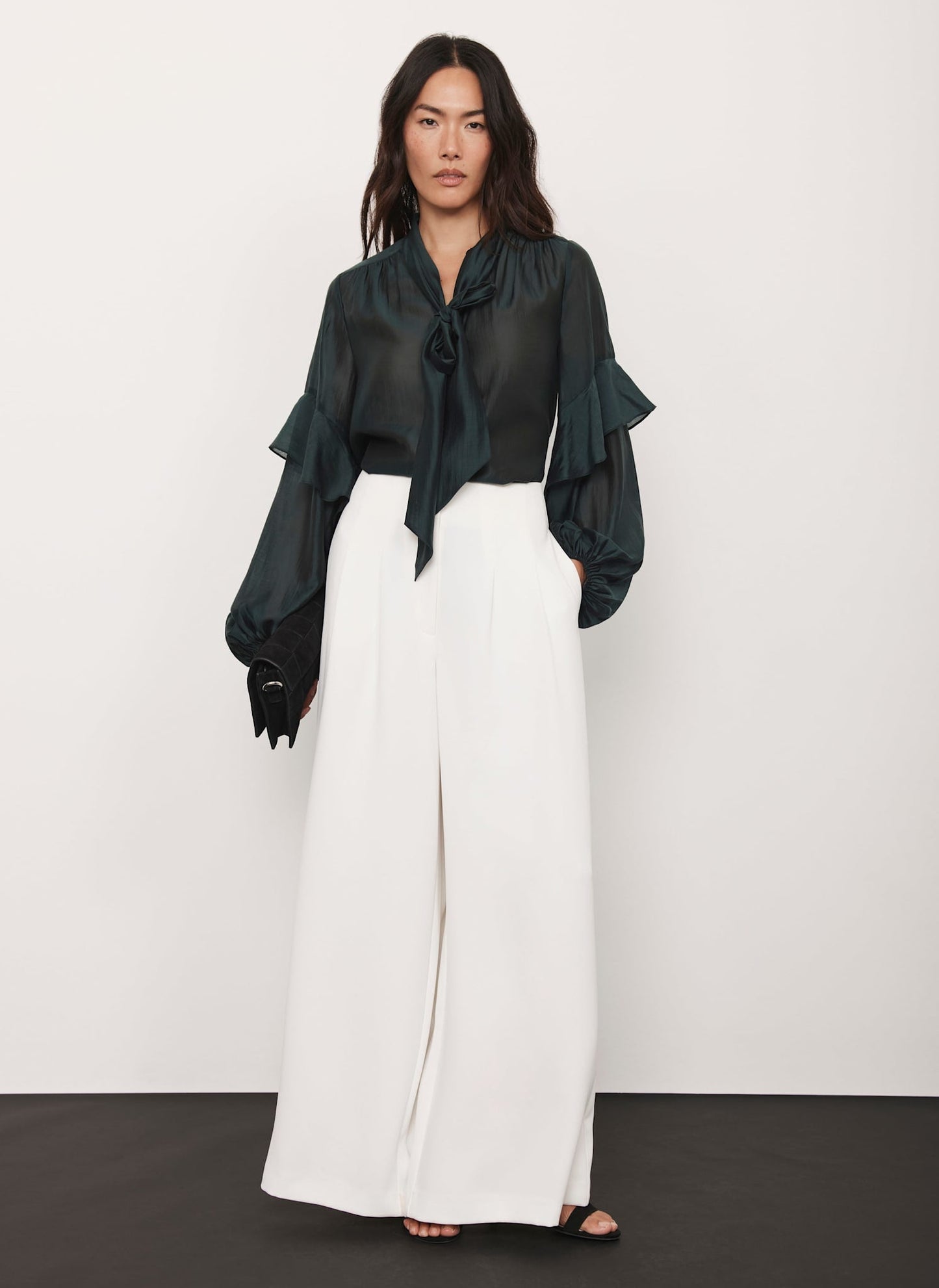 Green Pussy Bow Ruffle Blouse