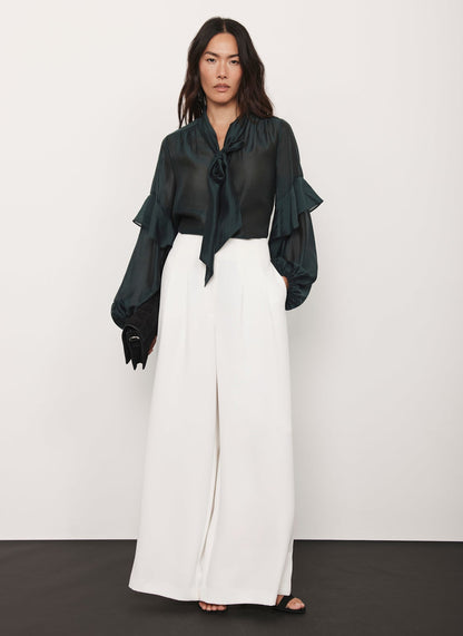 Green Pussy Bow Ruffle Blouse