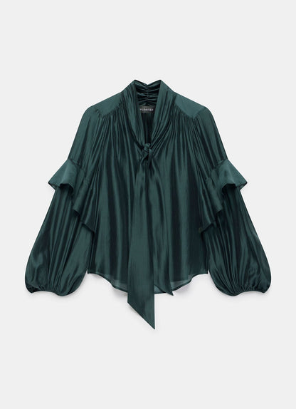 Green Pussy Bow Ruffle Blouse