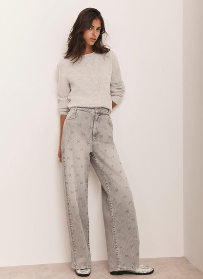 Grey Bow Embellished Wide Jeans