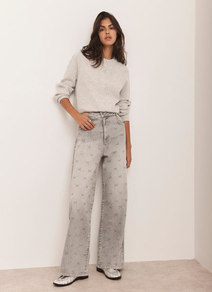 Grey Bow Embellished Wide Jeans