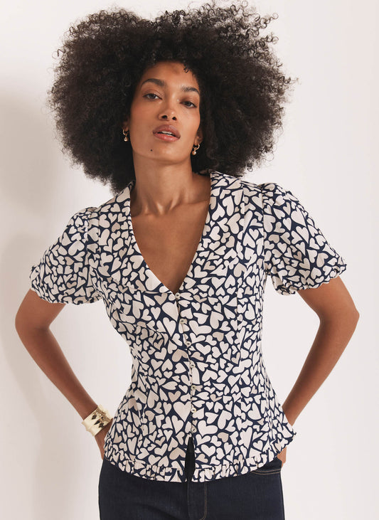 Navy Heart Print Blouse