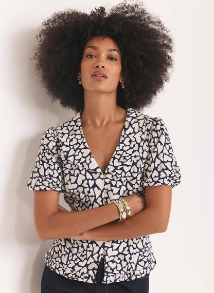 Navy Heart Print Blouse