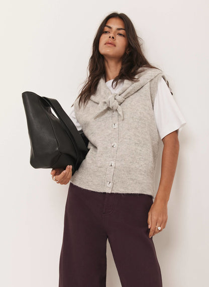Grey Sleeveless Scarf Detail Knit Top