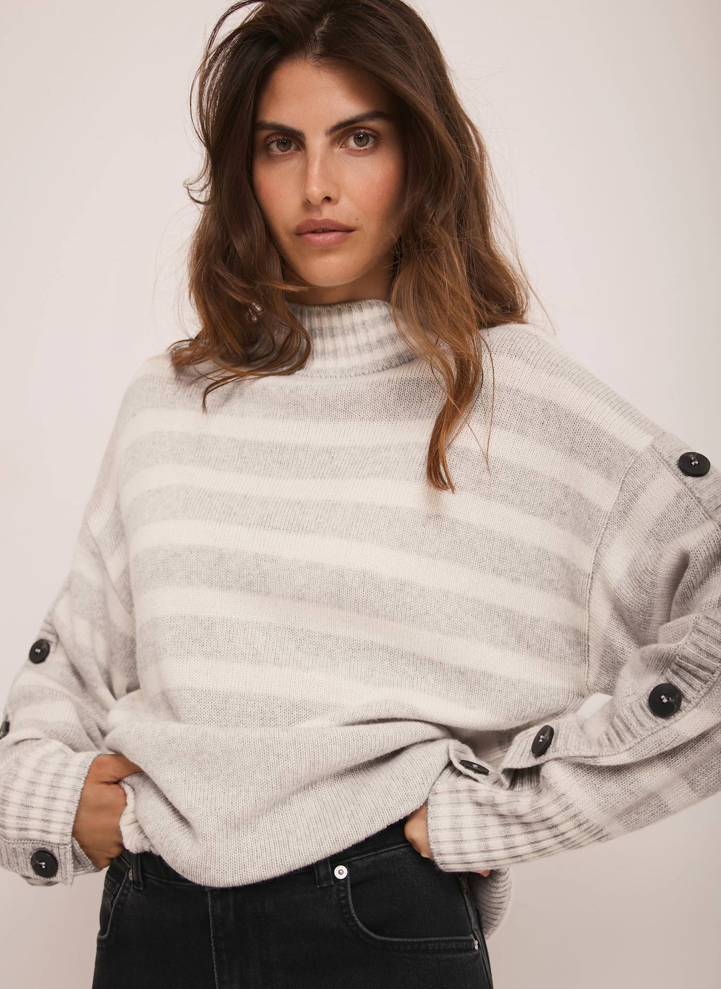Grey Wool Blend Striped Longline Jumper