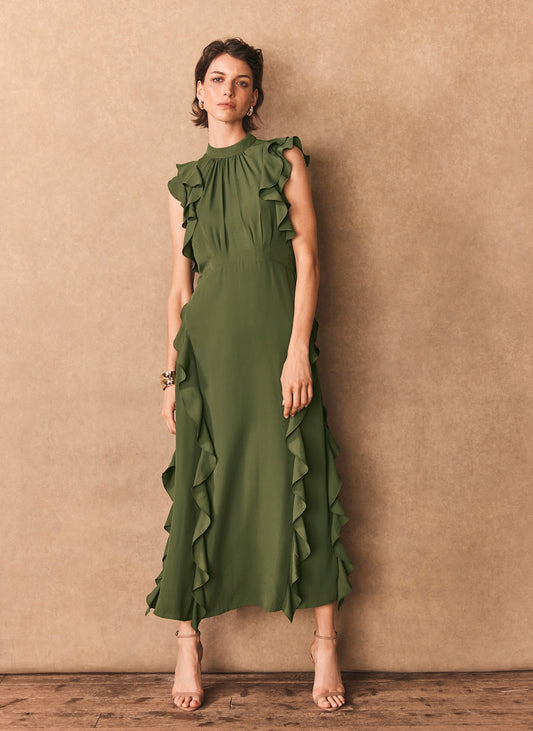 Green High Neck Ruffle Maxi Dress