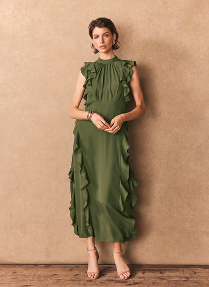 Green High Neck Ruffle Maxi Dress