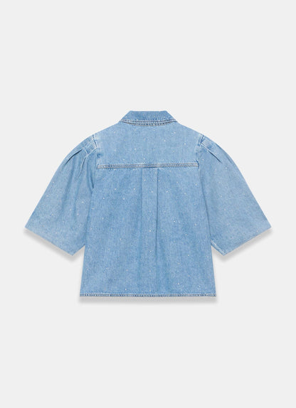 Indigo Denim Embellished Puff Sleeve Shirt