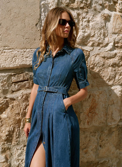 Indigo Denim Midi Shirt Dress