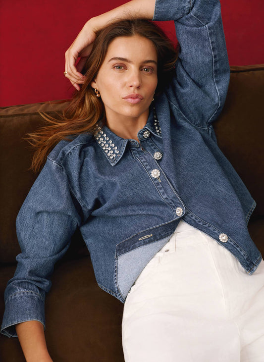 Indigo Denim Embellished Collar Shirt