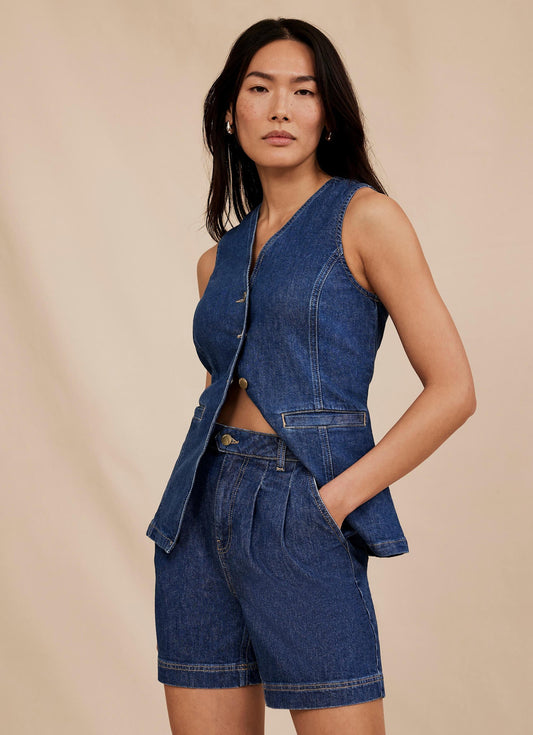 Indigo Denim Pleated Shorts
