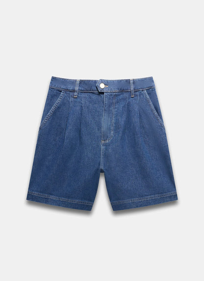 Indigo Denim Pleated Shorts