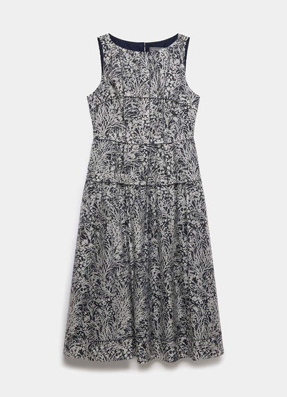 Navy Floral Print Drop Waist Midi Dress