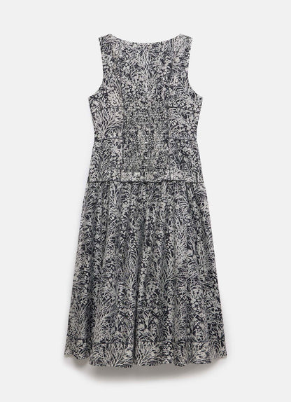 Navy Floral Print Drop Waist Midi Dress
