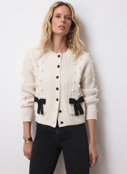 Cream Bow Detail Wool Blend Cardigan