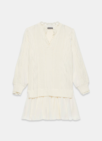 White Cable Knit Gathered Hem Mini Dress