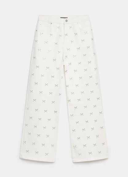 White Bow Embellished Wide Jeans