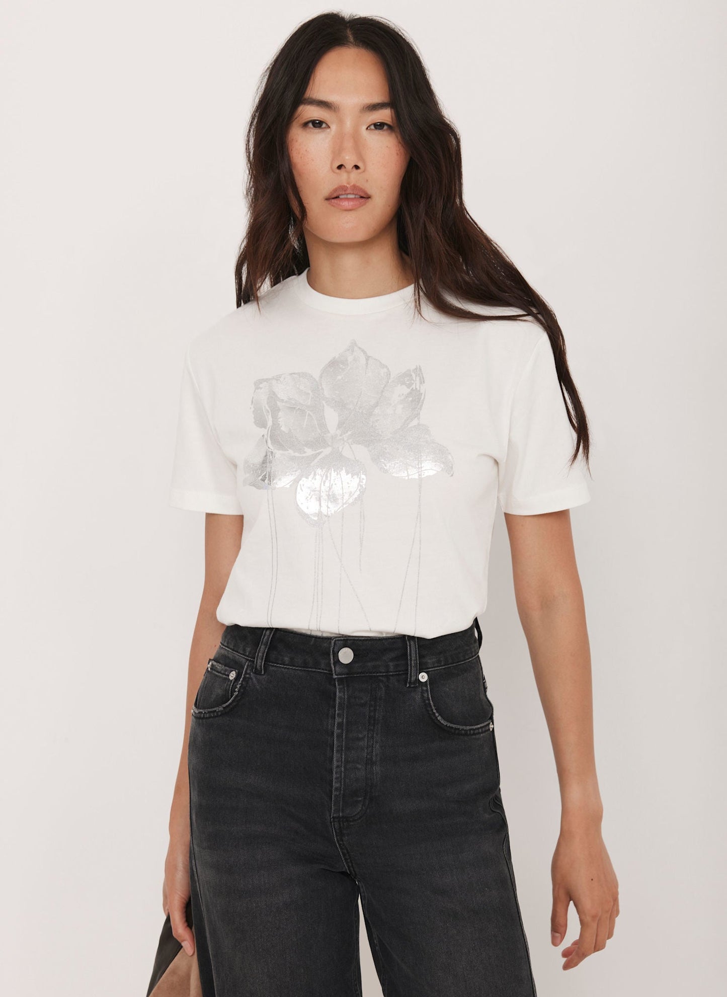White Metallic Flower Graphic T-Shirt