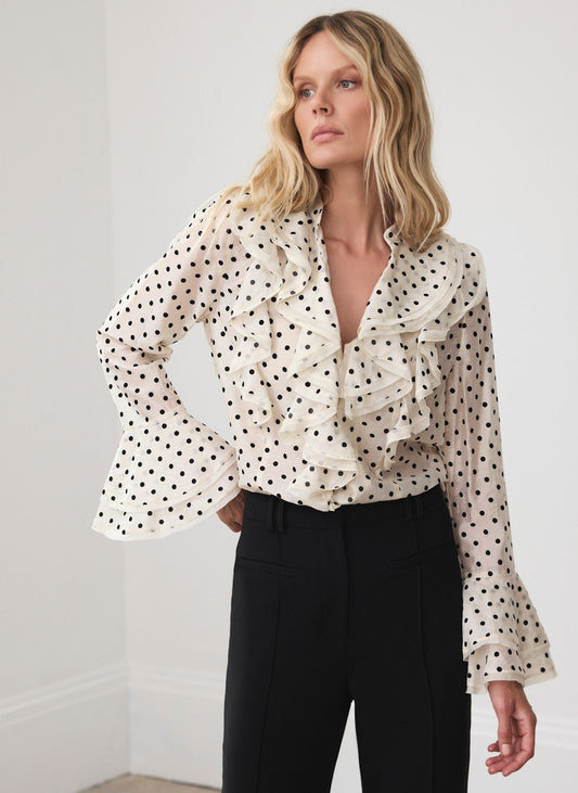 Neutral Polka Dot Ruffle Blouse