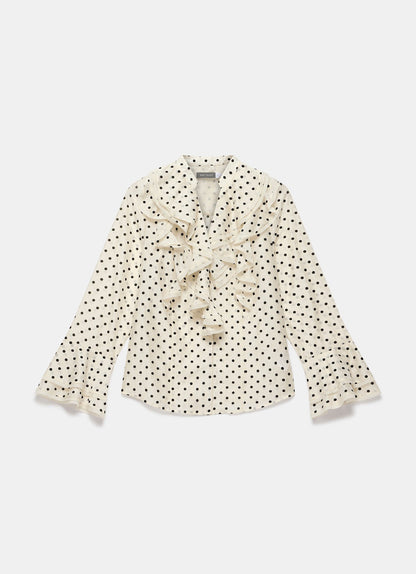 Neutral Polka Dot Ruffle Blouse