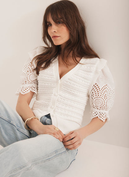 White Short Sleeve Broderie Cardigan