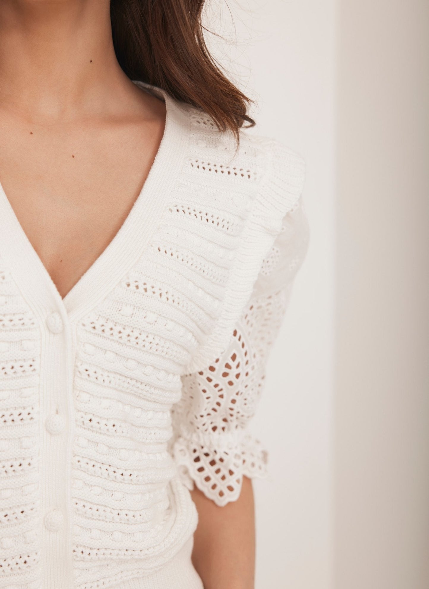 White Short Sleeve Broderie Cardigan