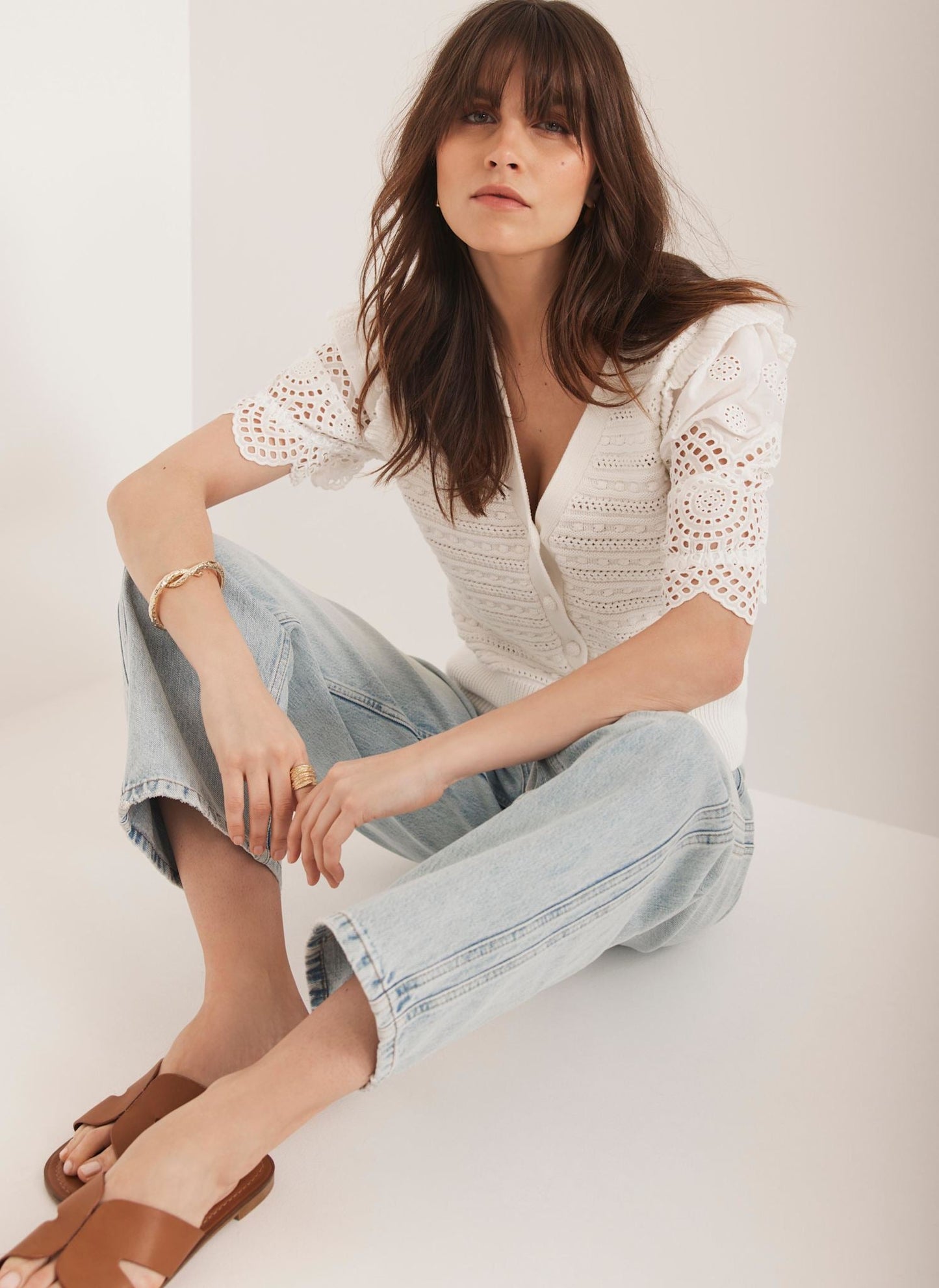 White Short Sleeve Broderie Cardigan