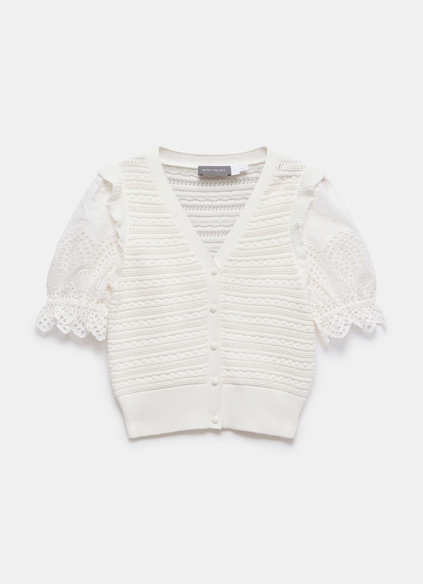 White Short Sleeve Broderie Cardigan