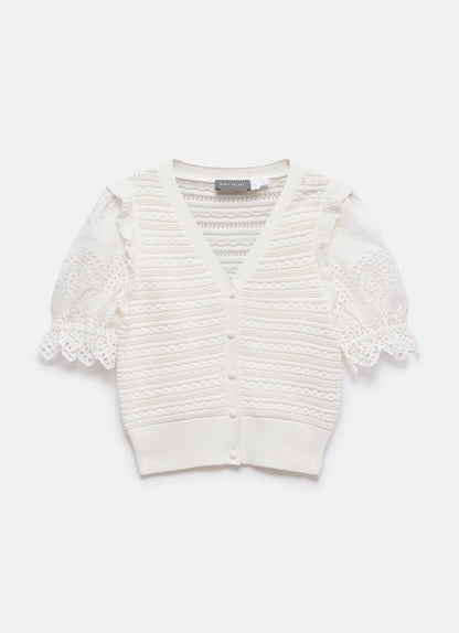 White Short Sleeve Broderie Cardigan