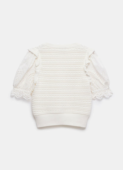 White Short Sleeve Broderie Cardigan