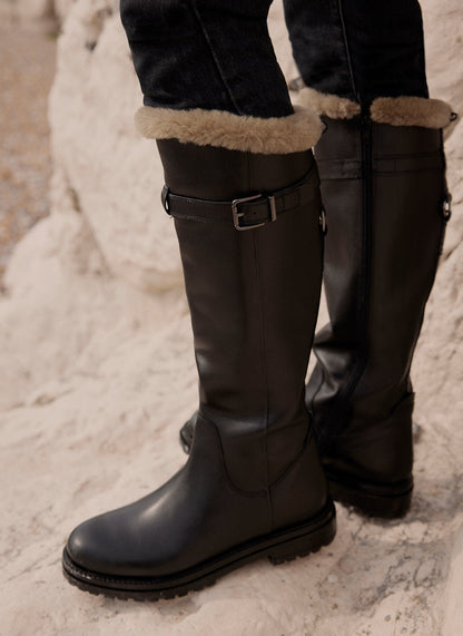 Kara Black Leather Faux Fur Boots