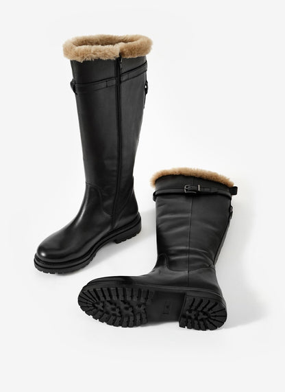 Kara Black Leather Faux Fur Boots