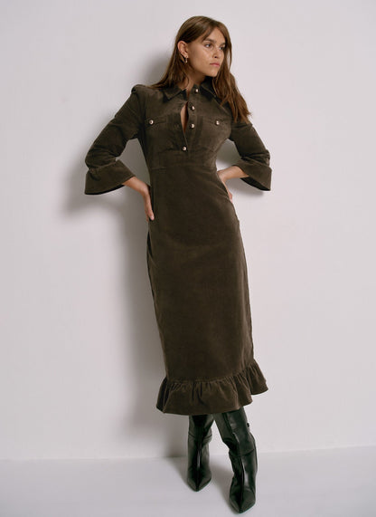 Khaki Corduroy Midi Dress