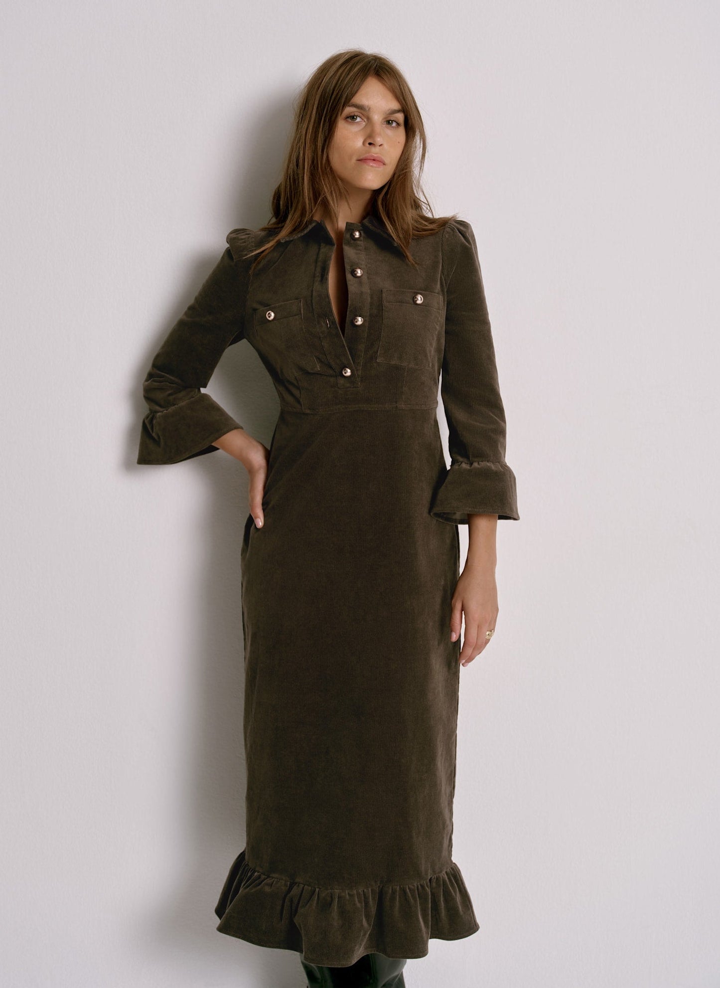 Khaki Corduroy Midi Dress