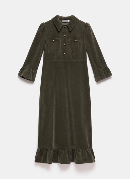 Khaki Corduroy Midi Dress
