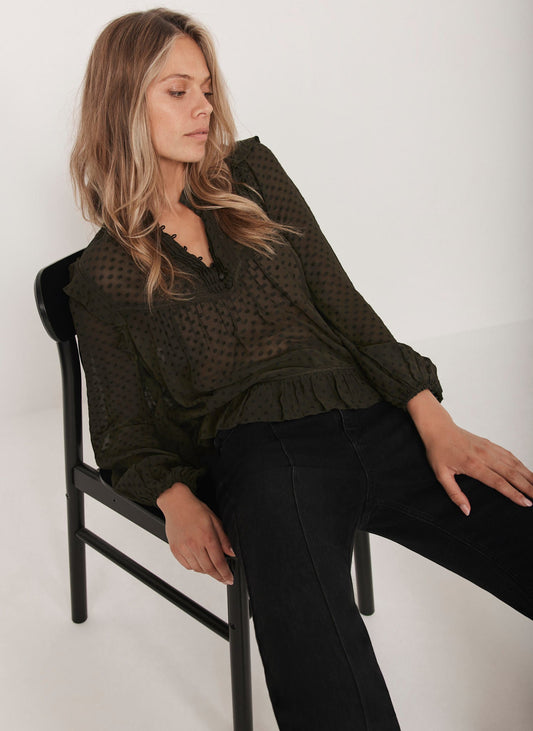 Khaki Jacquard Ruffle Detail Blouse