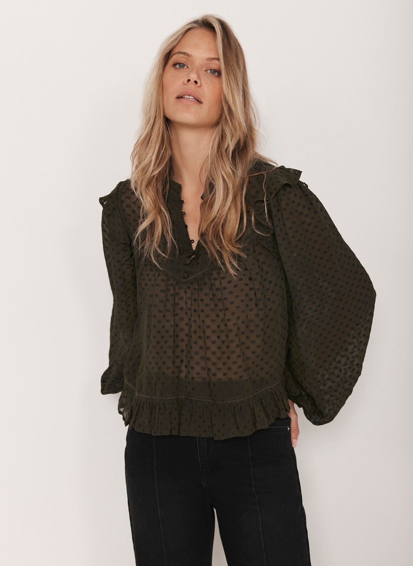 Khaki Jacquard Ruffle Detail Blouse