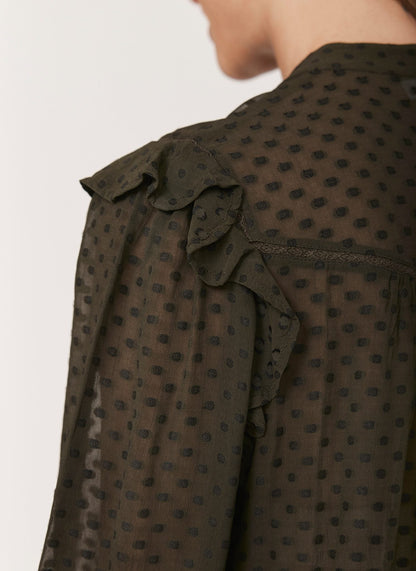 Khaki Jacquard Ruffle Detail Blouse