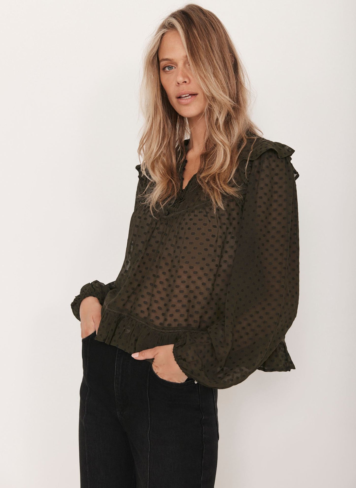 Khaki Jacquard Ruffle Detail Blouse