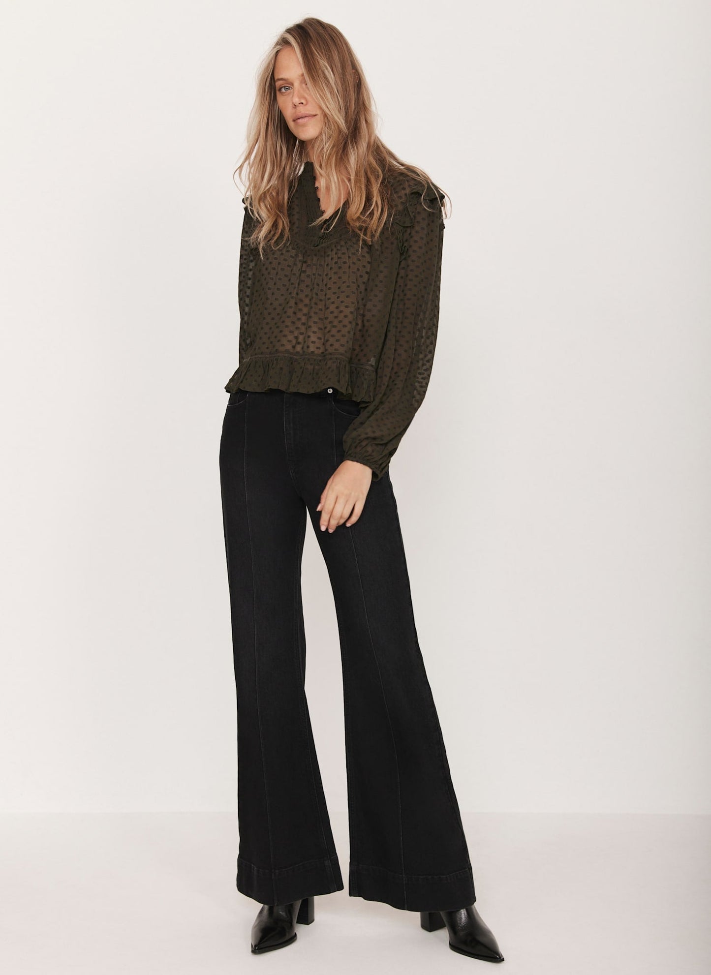 Khaki Jacquard Ruffle Detail Blouse